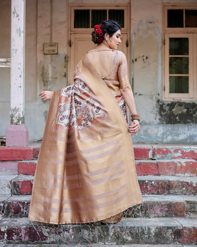 Pure Banarasi Silk Saree Weaved With Golden Zari Comes With Tassels - Almaari Fashion