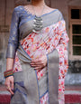 Graceful Grey Banarasi Silk Saree with Floral Elegance and Zari Accents