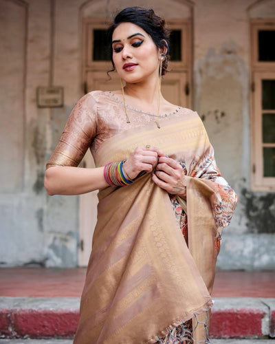 Pure Banarasi Silk Saree Weaved With Golden Zari Comes With Tassels - Almaari Fashion