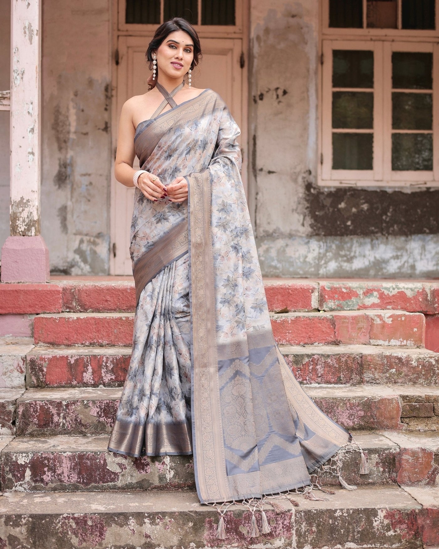 Pure Banarasi Silk Saree Weaved With Golden Zari Comes With Tassels - Almaari Fashion