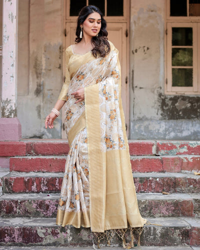 Pure Banarasi Silk Saree Weaved With Golden Zari Comes With Tassels - Almaari Fashion