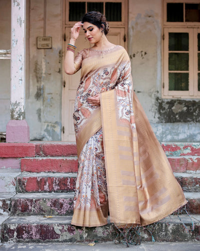 Pure Banarasi Silk Saree Weaved With Golden Zari Comes With Tassels - Almaari Fashion