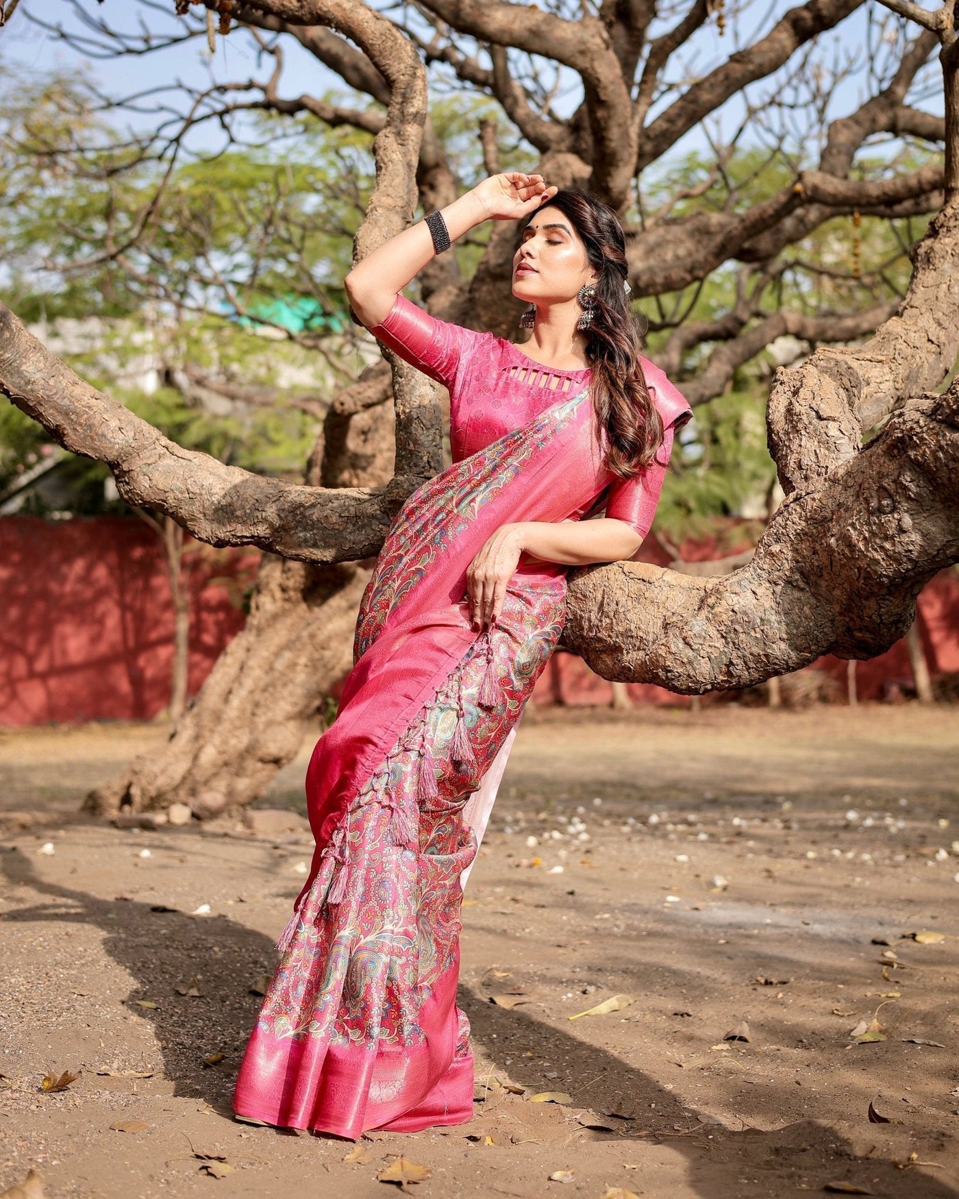 Pure Banarasi Silk Saree Weaved With Golden Zari Comes With Tassels - Almaari Fashion