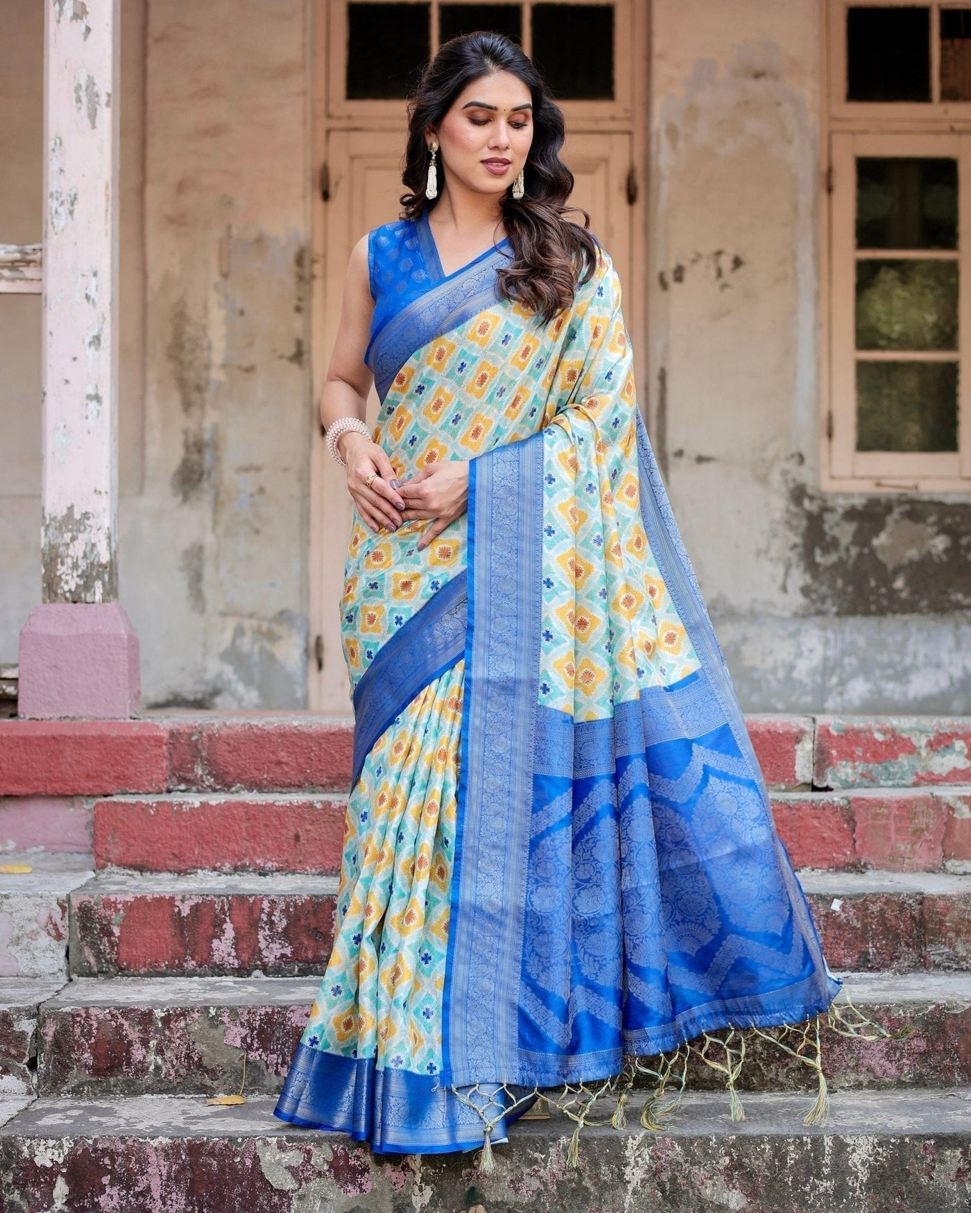 Pure Banarasi Silk Saree Weaved With Golden Zari Comes With Tassels - Almaari Fashion