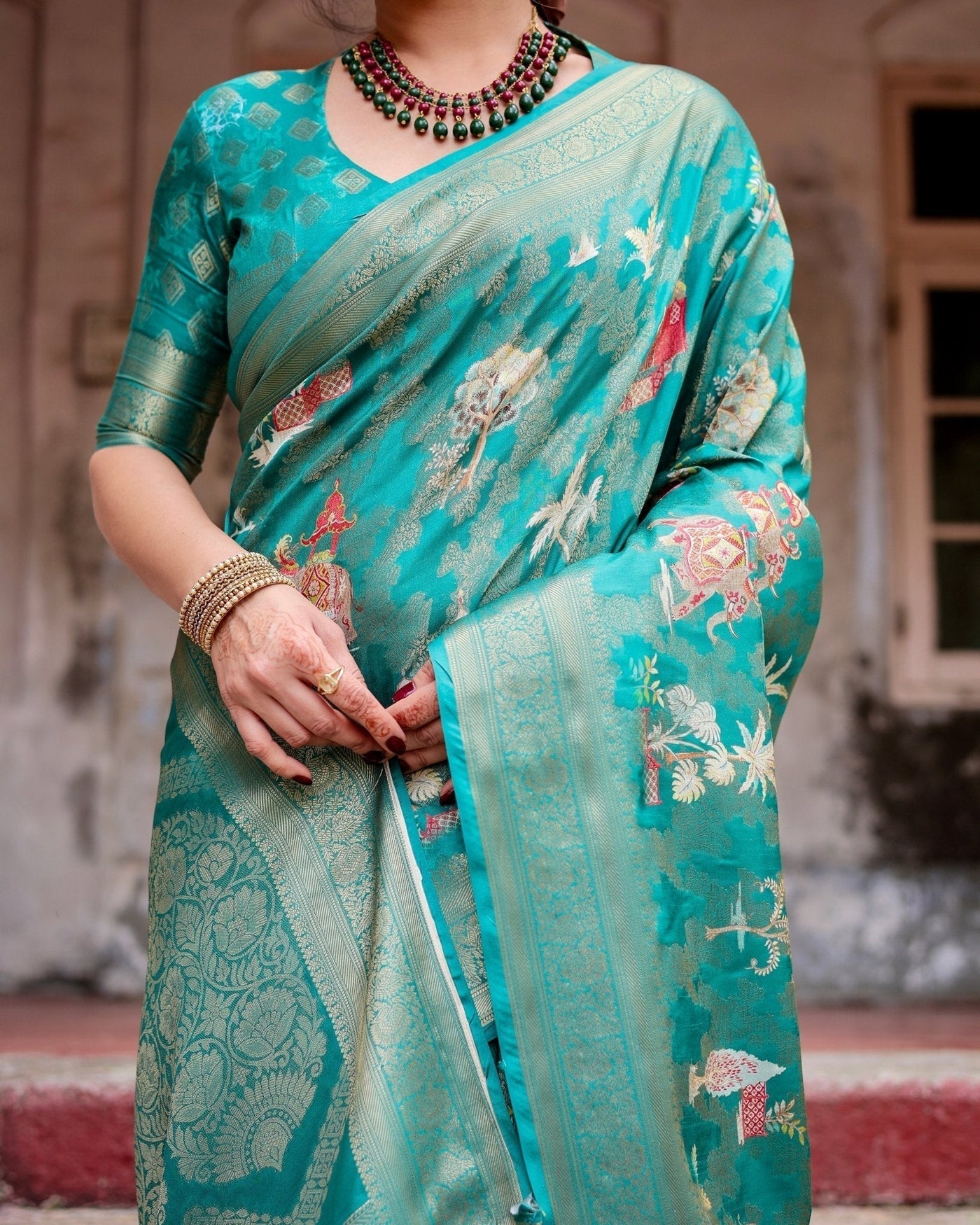 Pure Banarasi Silk Saree Weaved With Golden Zari Comes With Tassels - Almaari Fashion