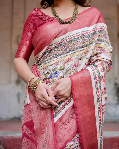 Pure Banarasi Silk Saree Weaved With Golden Zari Comes With Tassels - Almaari Fashion