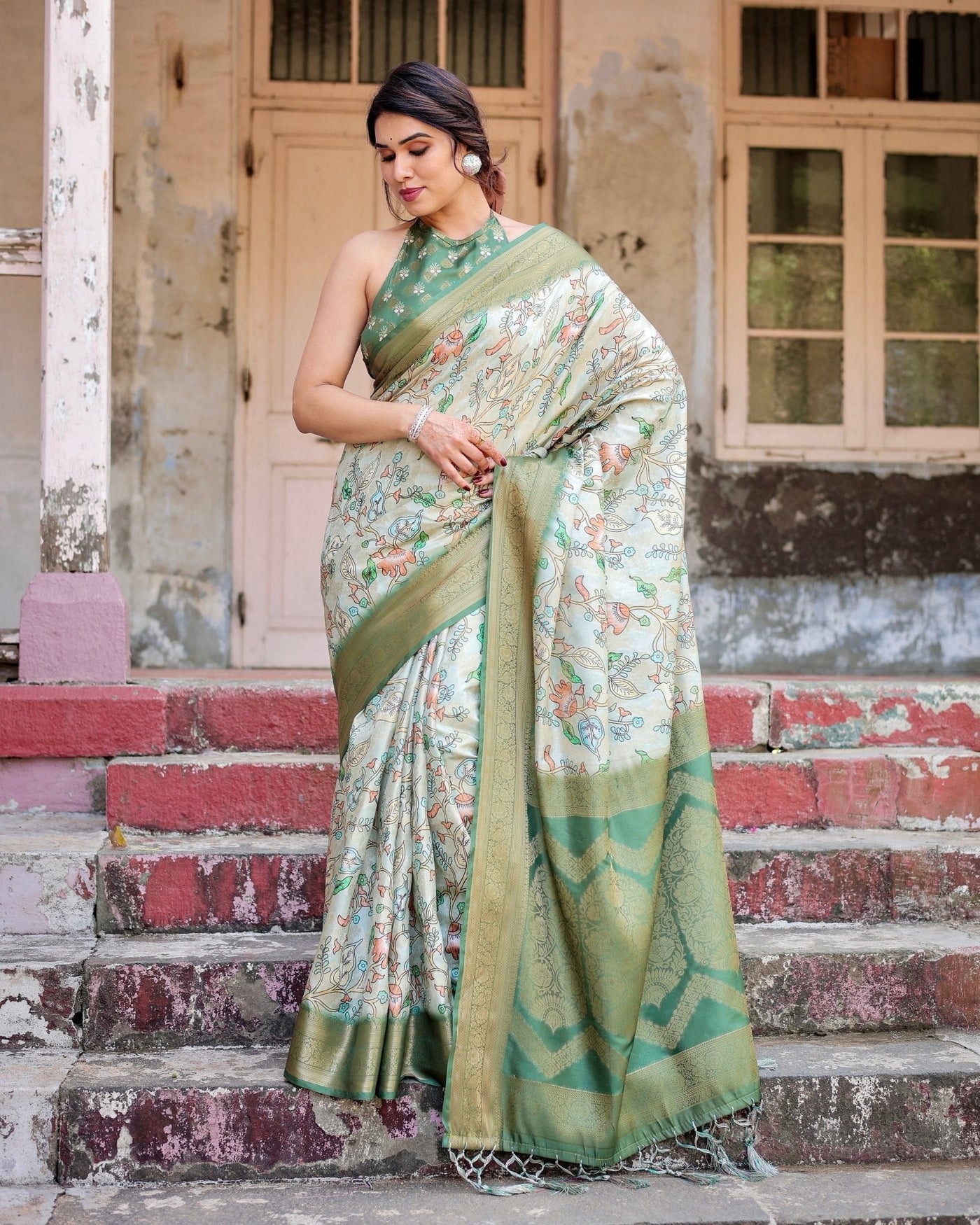 Pure Banarasi Silk Saree Weaved With Golden Zari Comes With Tassels - Almaari Fashion