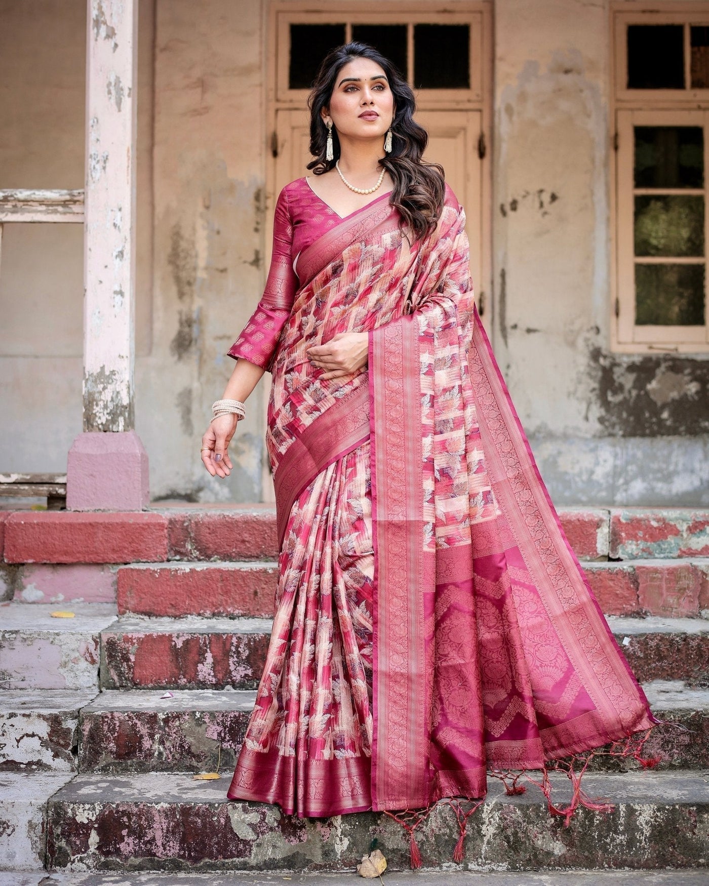 Pure Banarasi Silk Saree Weaved With Golden Zari Comes With Tassels - Almaari Fashion