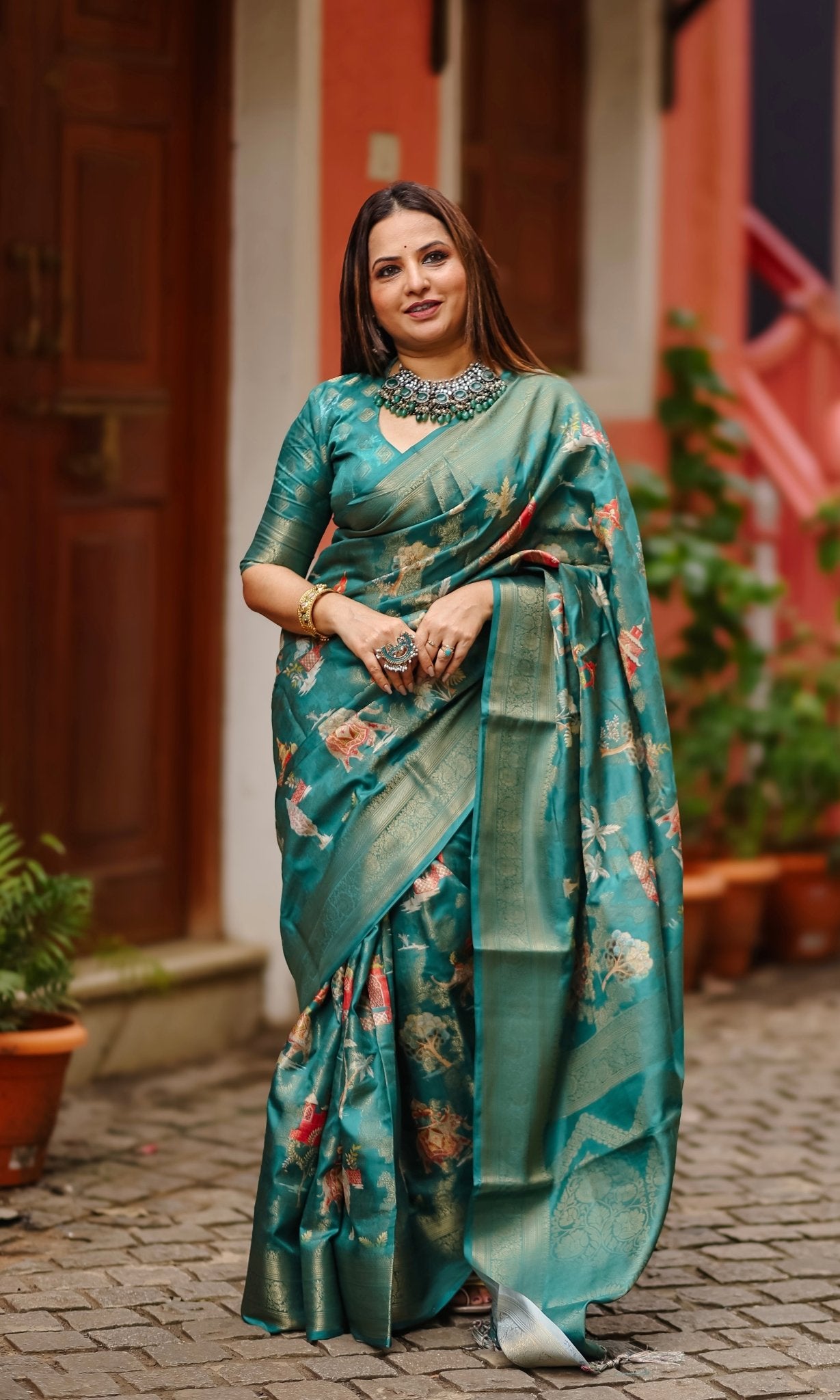 Pure Banarasi Silk Saree Weaved With Golden Zari Comes With Tassels - Almaari Fashion