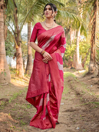 Pure Banarasi Silk Saree Weaved With Zari Comes With Heavy Banarasi Brocade Blouse - Almaari Fashion