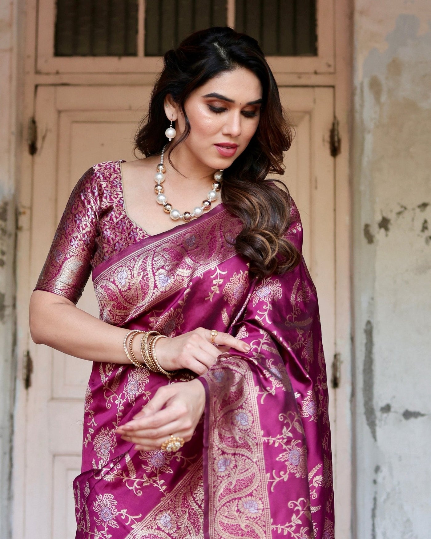 Pure Banarasi Silk Saree Weaved With Zari Comes With Heavy Banarasi Brocade Blouse - Almaari Fashion