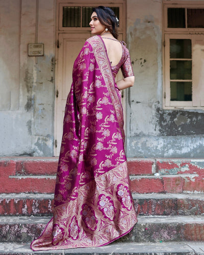 Pure Banarasi Silk Saree Weaved With Zari Comes With Heavy Banarasi Brocade Blouse - Almaari Fashion