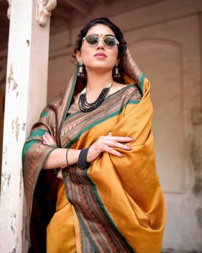 Pure Banarasi Silk Saree Weaved With Zari Comes With Heavy Banarasi Brocade Blouse - Almaari Fashion