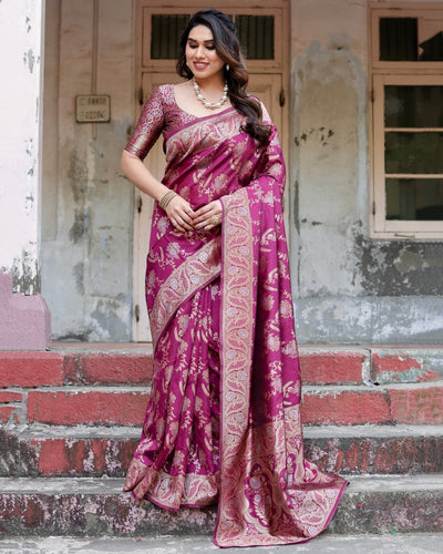 Pure Banarasi Silk Saree Weaved With Zari Comes With Heavy Banarasi Brocade Blouse - Almaari Fashion