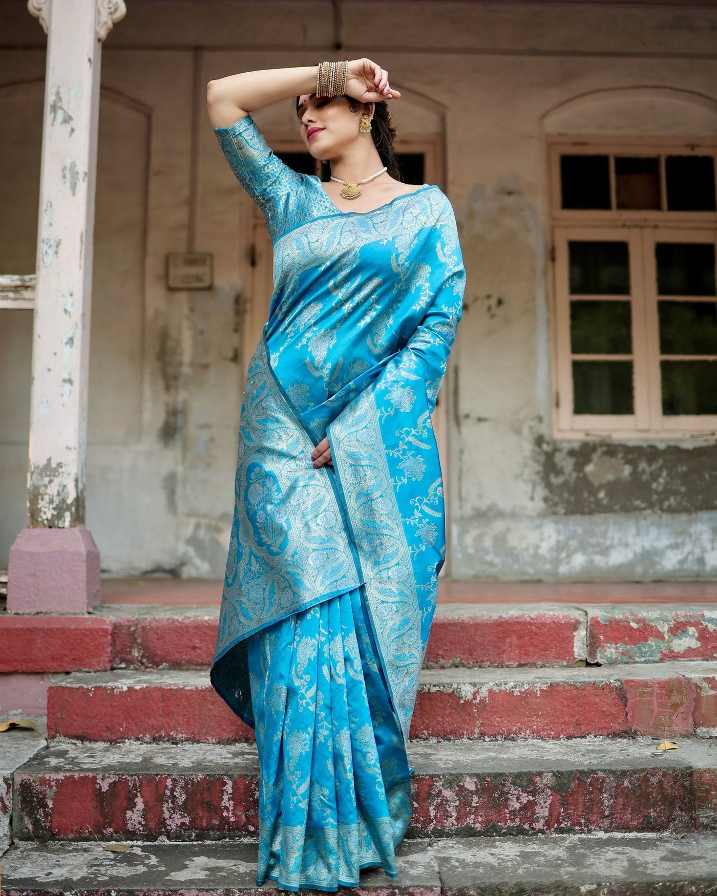 Pure Banarasi Silk Saree Weaved With Zari Comes With Heavy Banarasi Brocade Blouse - Almaari Fashion