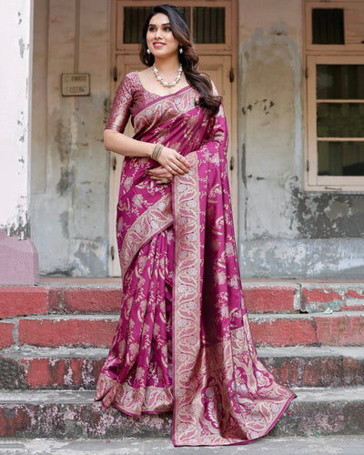 Pure Banarasi Silk Saree Weaved With Zari Comes With Heavy Banarasi Brocade Blouse - Almaari Fashion