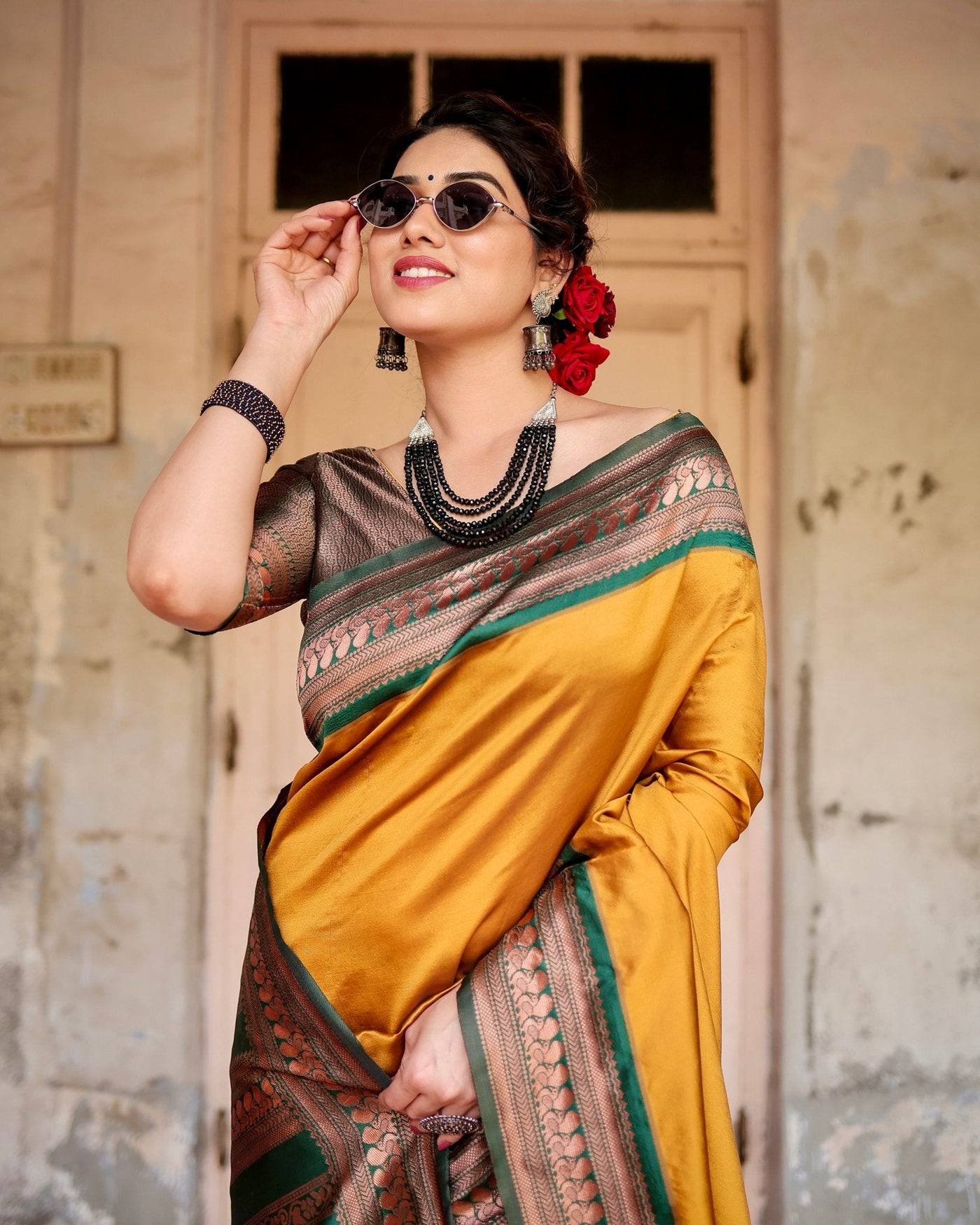 Pure Banarasi Silk Saree Weaved With Zari Comes With Heavy Banarasi Brocade Blouse - Almaari Fashion