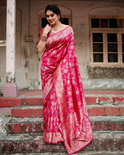 Pure Banarasi Silk Saree Weaved With Zari Comes With Heavy Banarasi Brocade Blouse - Almaari Fashion