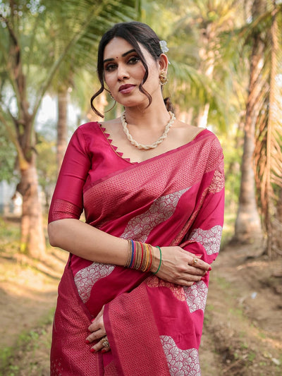 Pure Banarasi Silk Saree Weaved With Zari Comes With Heavy Banarasi Brocade Blouse - Almaari Fashion