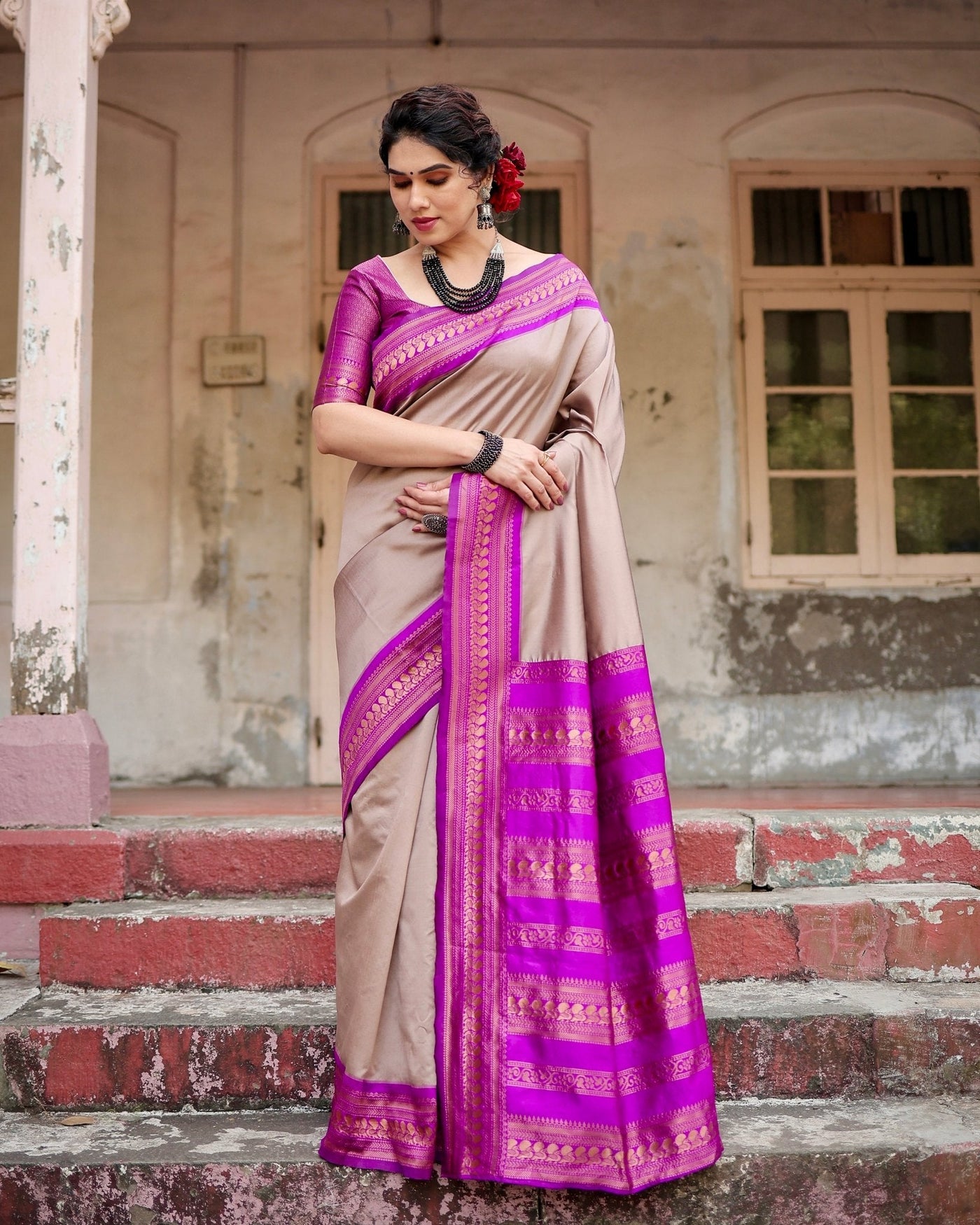 Pure Banarasi Silk Saree Weaved With Zari Comes With Heavy Banarasi Brocade Blouse - Almaari Fashion