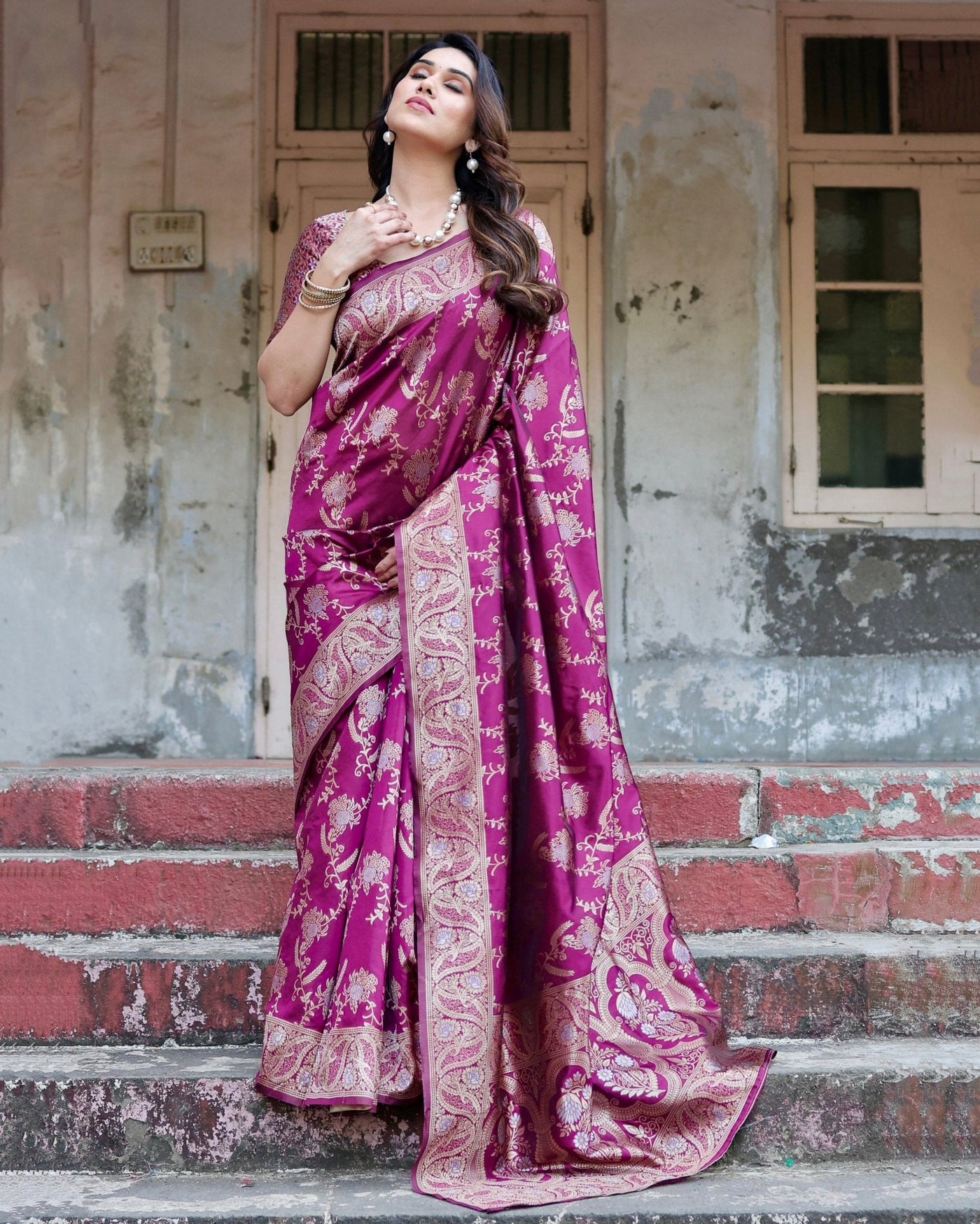 Pure Banarasi Silk Saree Weaved With Zari Comes With Heavy Banarasi Brocade Blouse - Almaari Fashion