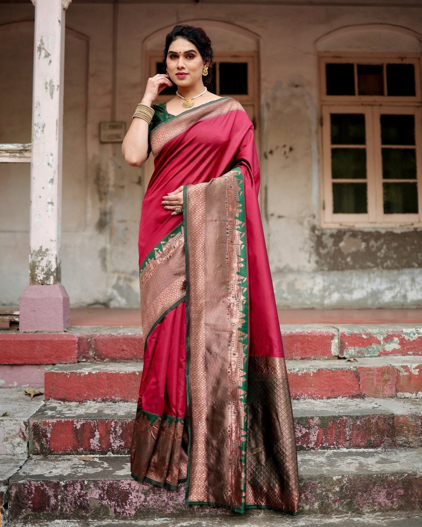 Pure Banarasi Silk Saree Weaved With Zari Comes With Heavy Banarasi Brocade Blouse - Almaari Fashion