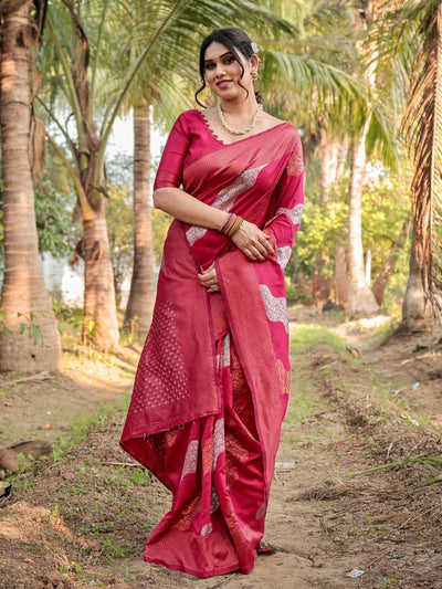 Pure Banarasi Silk Saree Weaved With Zari Comes With Heavy Banarasi Brocade Blouse - Almaari Fashion