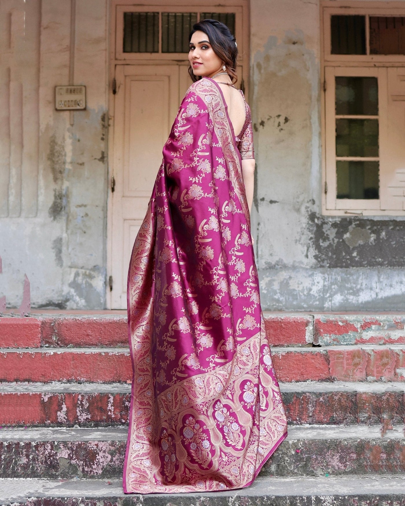 Pure Banarasi Silk Saree Weaved With Zari Comes With Heavy Banarasi Brocade Blouse - Almaari Fashion