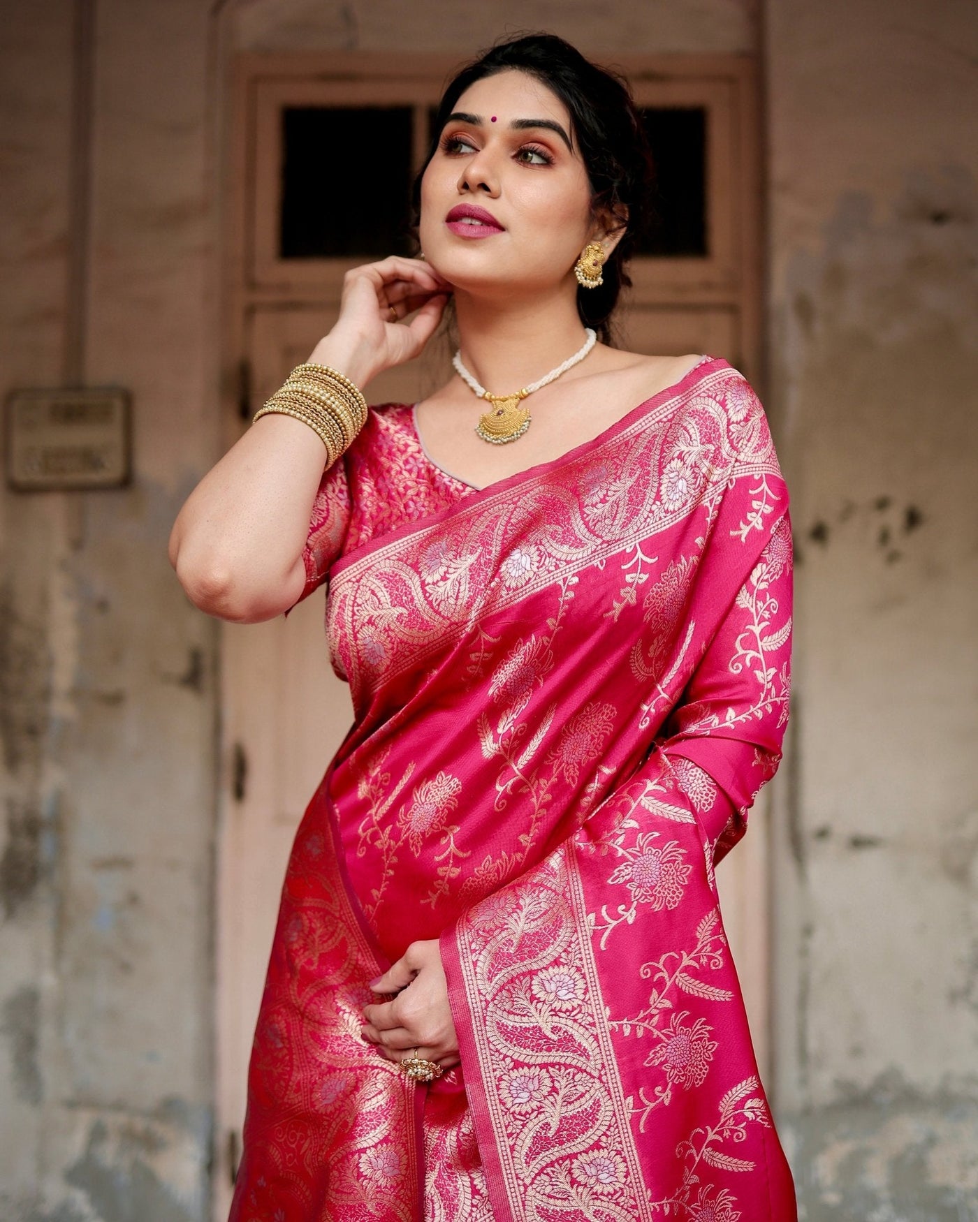 Pure Banarasi Silk Saree Weaved With Zari Comes With Heavy Banarasi Brocade Blouse - Almaari Fashion