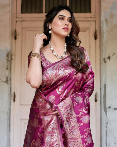 Pure Banarasi Silk Saree Weaved With Zari Comes With Heavy Banarasi Brocade Blouse - Almaari Fashion