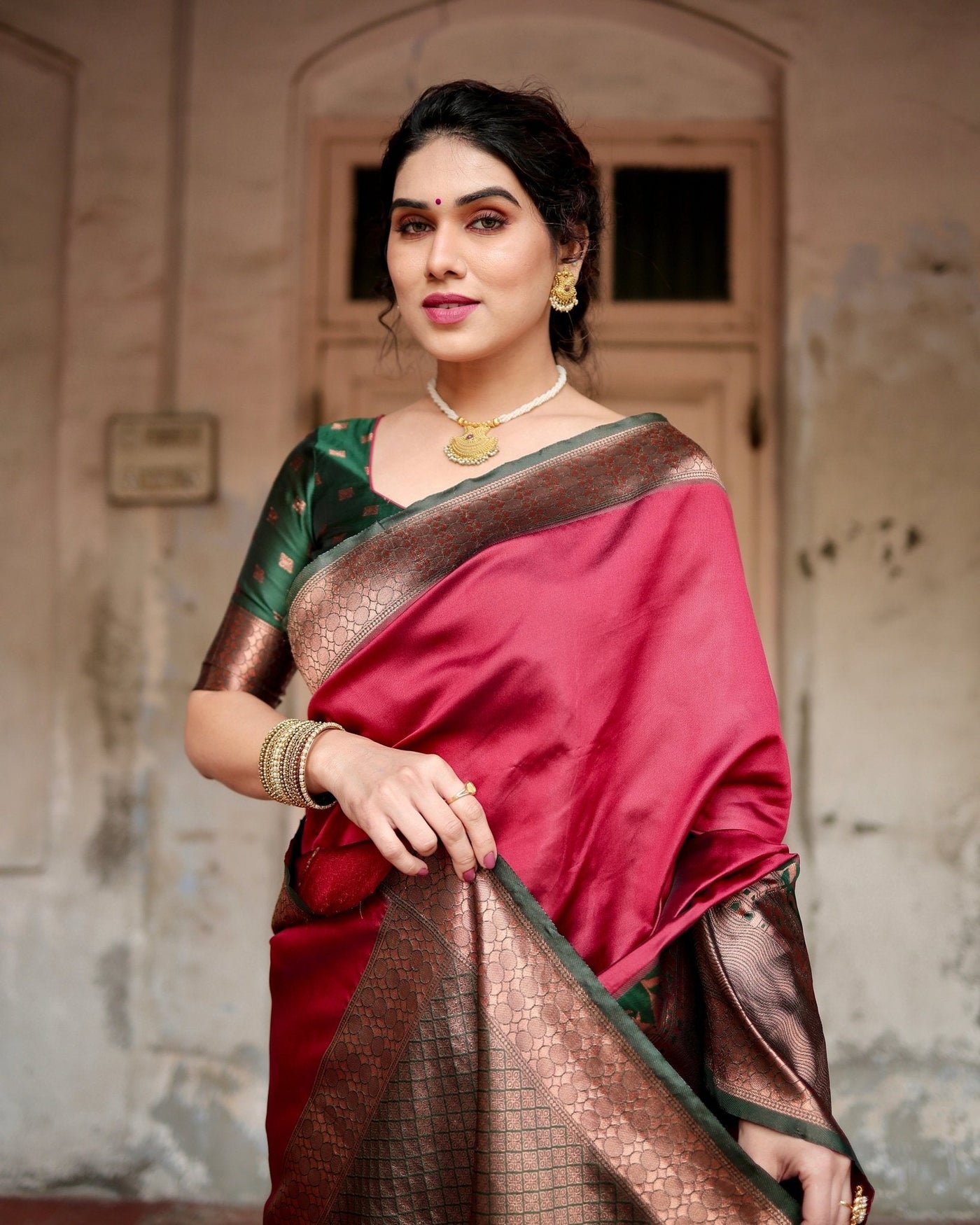 Pure Banarasi Silk Saree Weaved With Zari Comes With Heavy Banarasi Brocade Blouse - Almaari Fashion