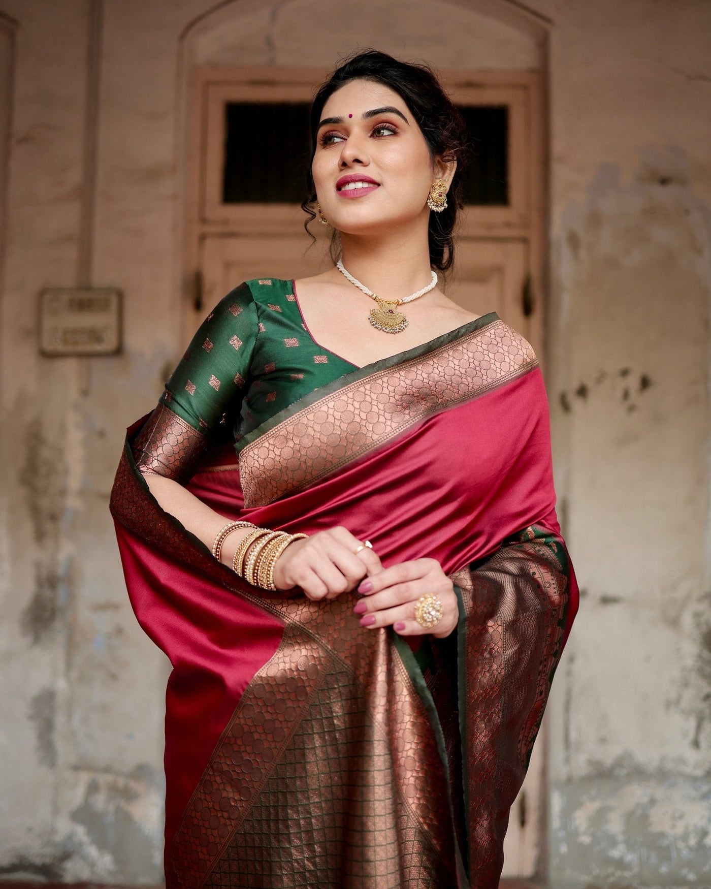 Pure Banarasi Silk Saree Weaved With Zari Comes With Heavy Banarasi Brocade Blouse - Almaari Fashion