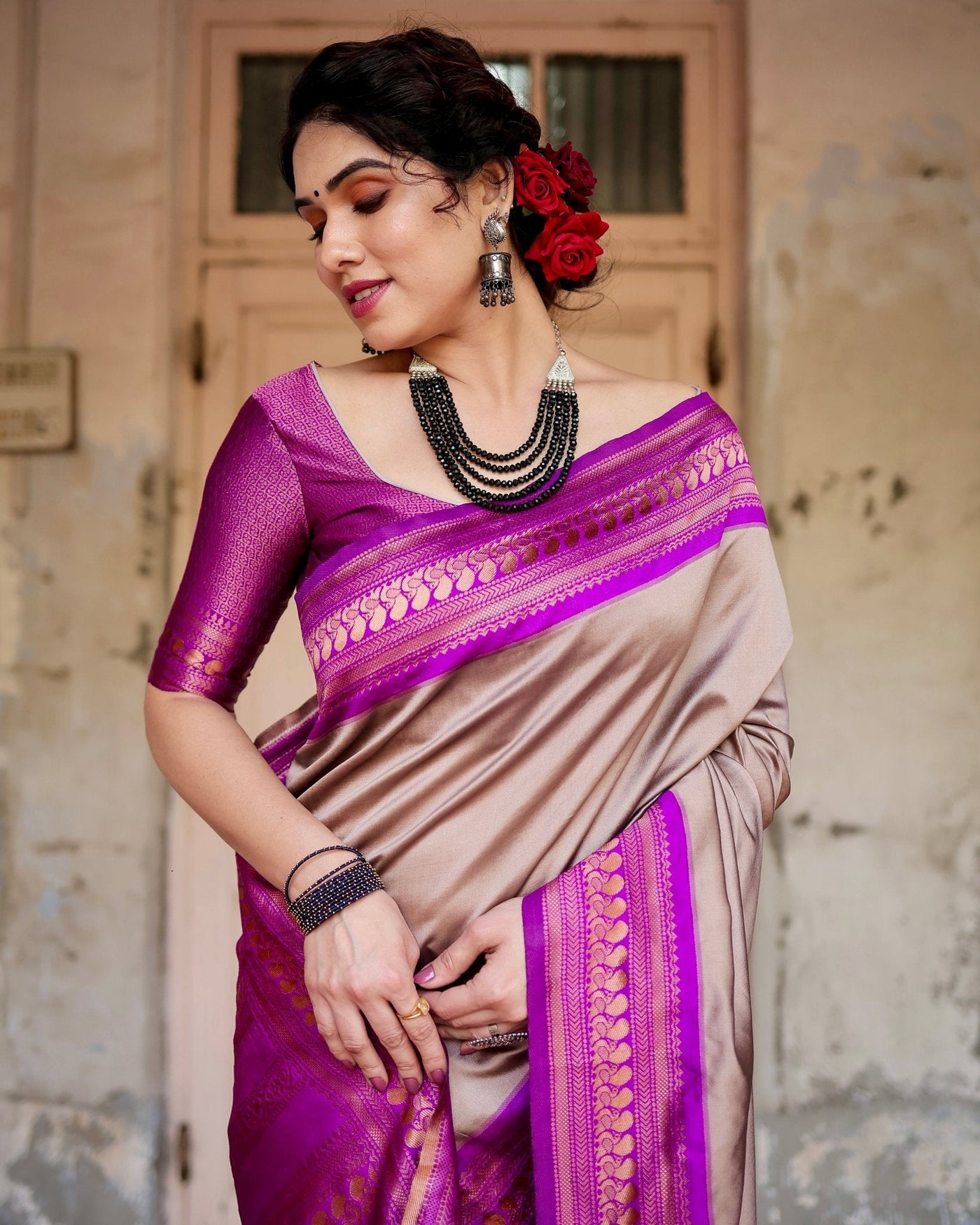 Pure Banarasi Silk Saree Weaved With Zari Comes With Heavy Banarasi Brocade Blouse - Almaari Fashion