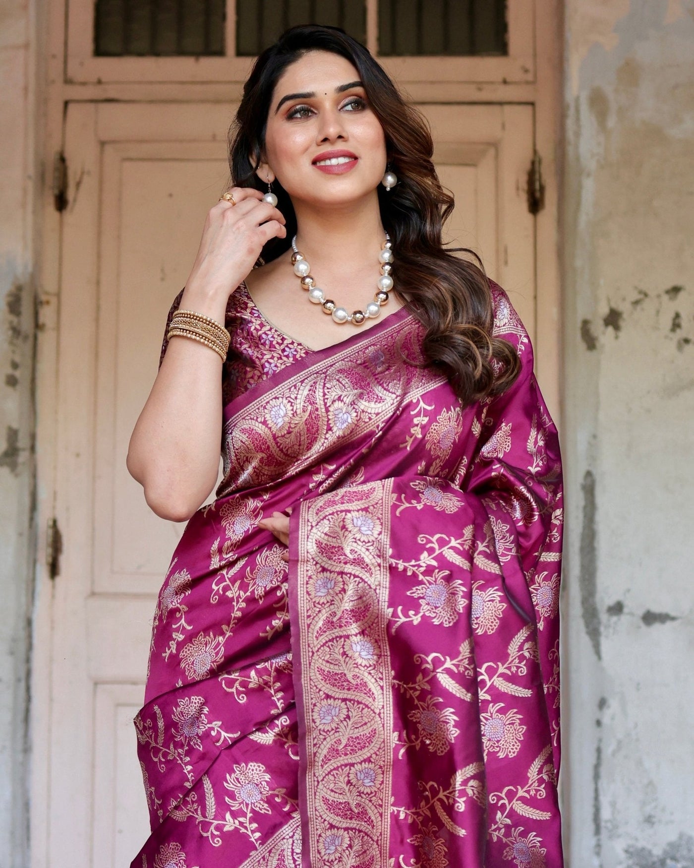 Pure Banarasi Silk Saree Weaved With Zari Comes With Heavy Banarasi Brocade Blouse - Almaari Fashion