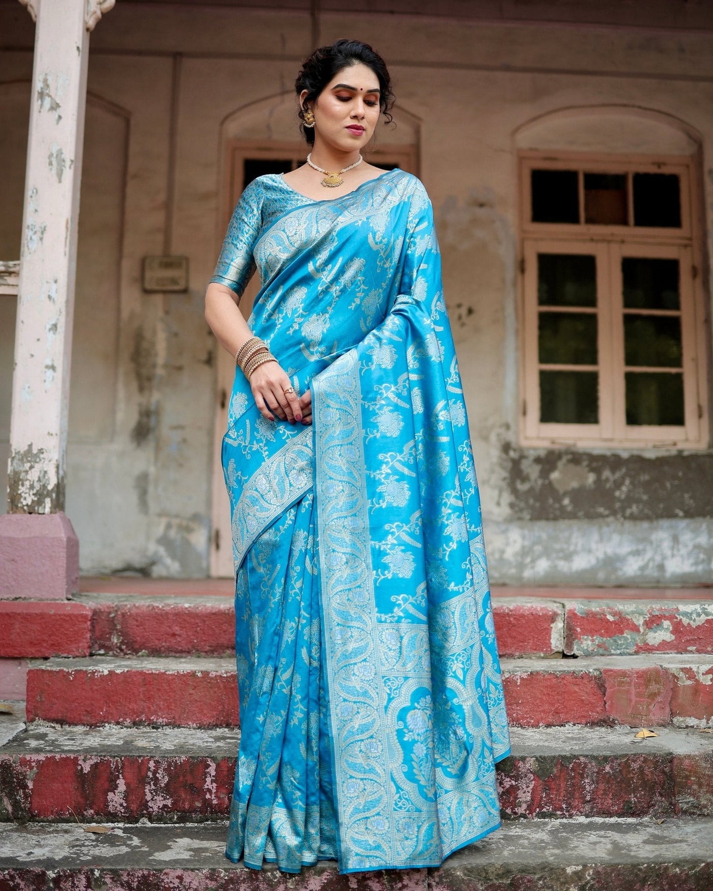 Pure Banarasi Silk Saree Weaved With Zari Comes With Heavy Banarasi Brocade Blouse - Almaari Fashion