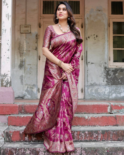 Pure Banarasi Silk Saree Weaved With Zari Comes With Heavy Banarasi Brocade Blouse - Almaari Fashion