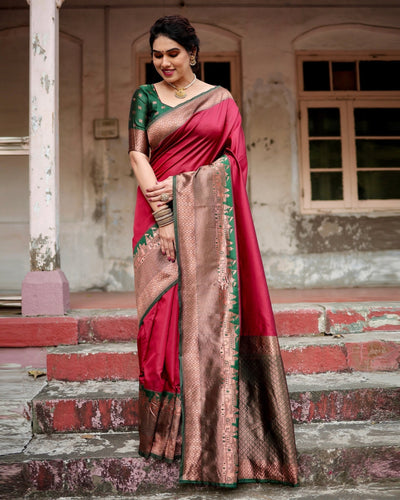 Pure Banarasi Silk Saree Weaved With Zari Comes With Heavy Banarasi Brocade Blouse - Almaari Fashion