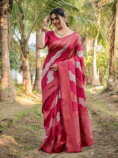 Pure Banarasi Silk Saree Weaved With Zari Comes With Heavy Banarasi Brocade Blouse - Almaari Fashion