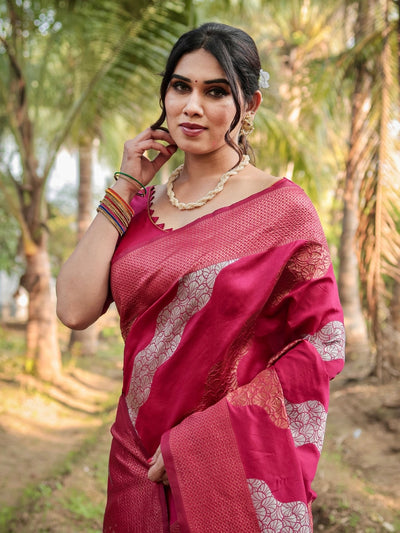 Pure Banarasi Silk Saree Weaved With Zari Comes With Heavy Banarasi Brocade Blouse - Almaari Fashion