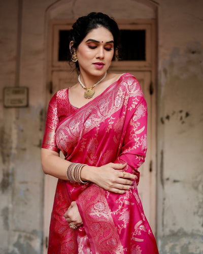 Pure Banarasi Silk Saree Weaved With Zari Comes With Heavy Banarasi Brocade Blouse - Almaari Fashion