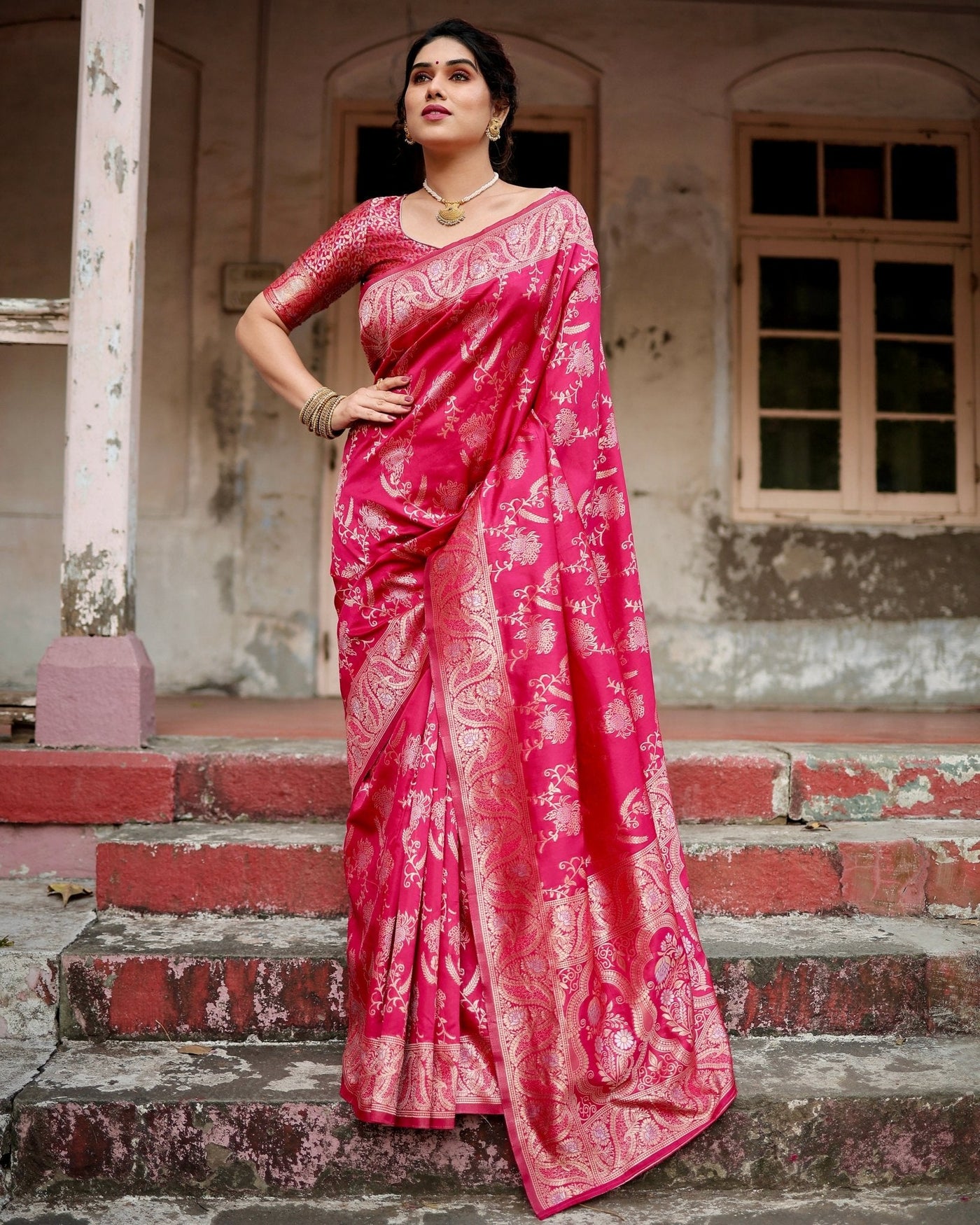 Pure Banarasi Silk Saree Weaved With Zari Comes With Heavy Banarasi Brocade Blouse - Almaari Fashion