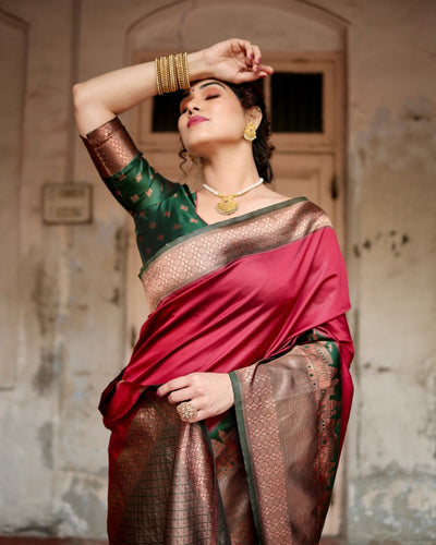 Pure Banarasi Silk Saree Weaved With Zari Comes With Heavy Banarasi Brocade Blouse - Almaari Fashion