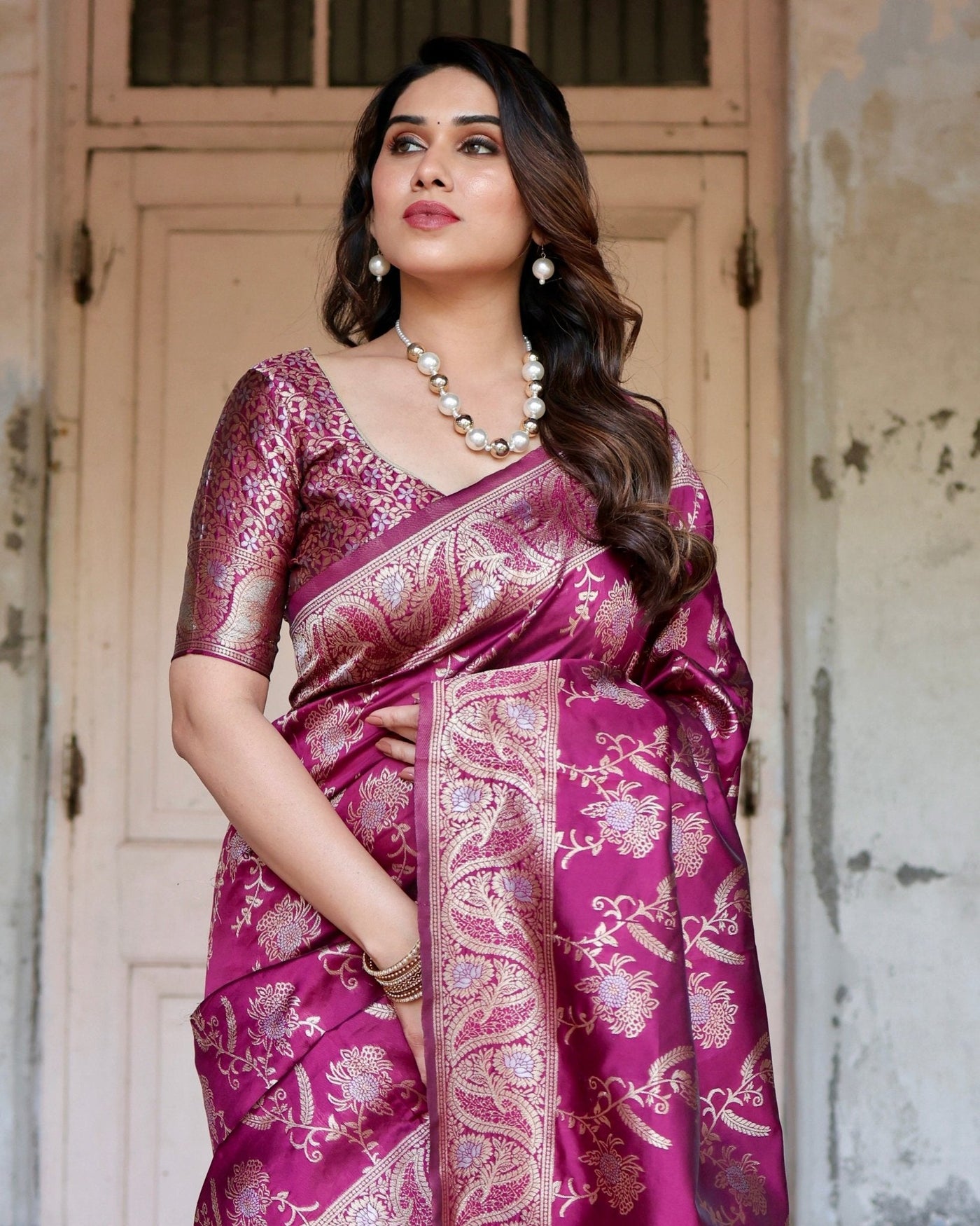 Pure Banarasi Silk Saree Weaved With Zari Comes With Heavy Banarasi Brocade Blouse - Almaari Fashion