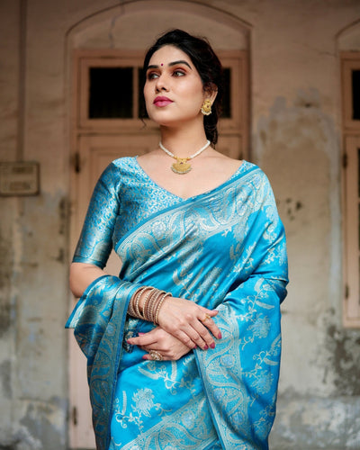 Pure Banarasi Silk Saree Weaved With Zari Comes With Heavy Banarasi Brocade Blouse - Almaari Fashion