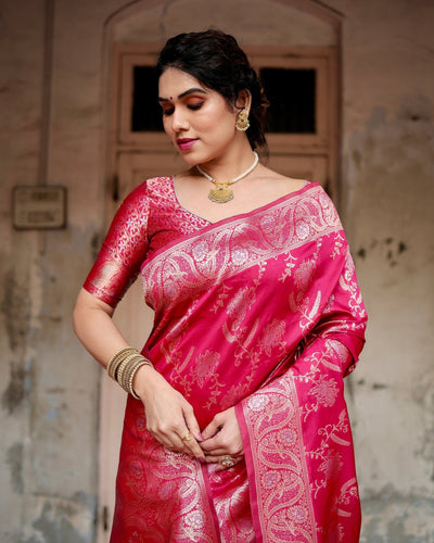 Pure Banarasi Silk Saree Weaved With Zari Comes With Heavy Banarasi Brocade Blouse - Almaari Fashion