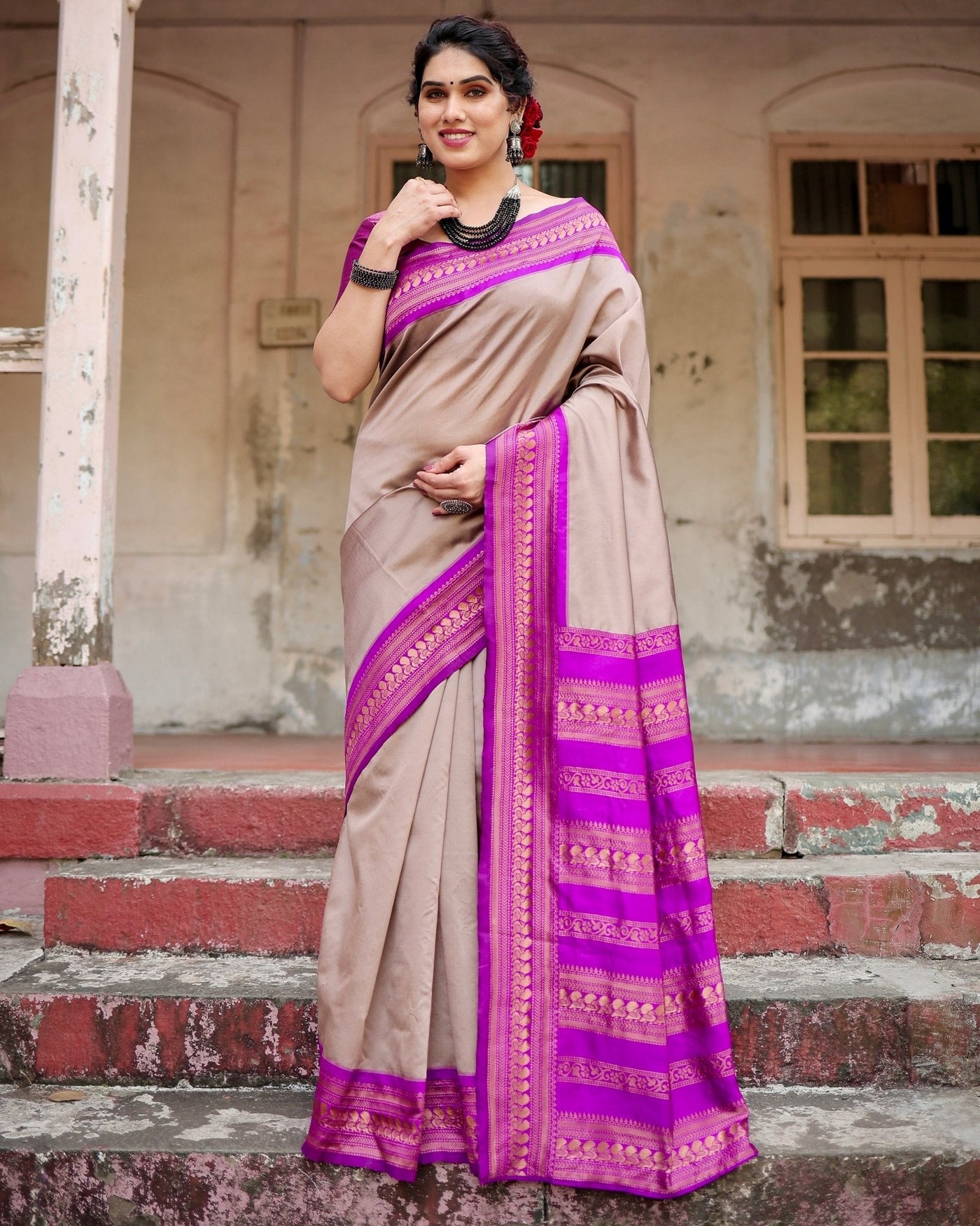 Pure Banarasi Silk Saree Weaved With Zari Comes With Heavy Banarasi Brocade Blouse - Almaari Fashion