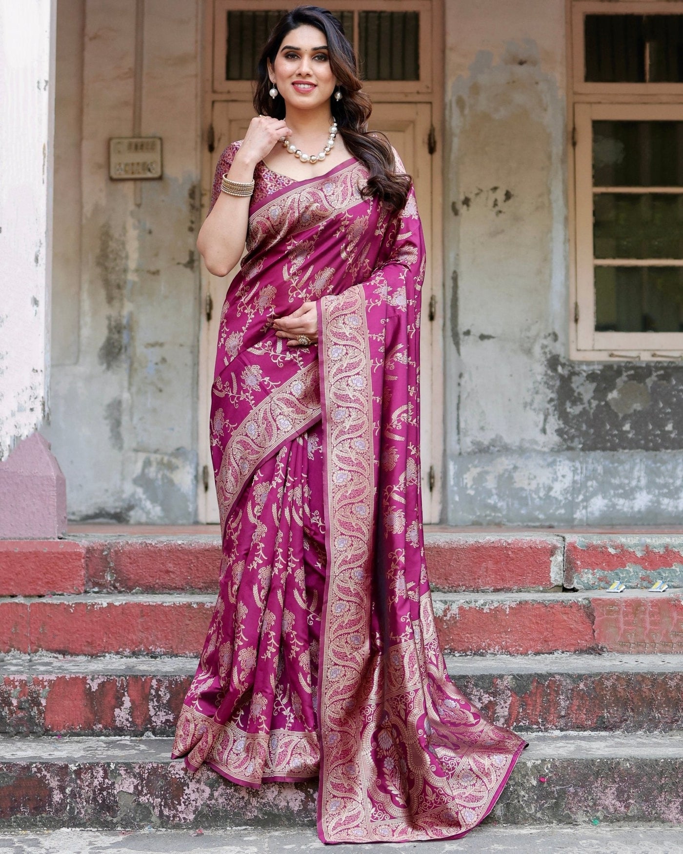 Pure Banarasi Silk Saree Weaved With Zari Comes With Heavy Banarasi Brocade Blouse - Almaari Fashion