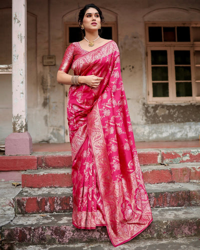 Pure Banarasi Silk Saree Weaved With Zari Comes With Heavy Banarasi Brocade Blouse - Almaari Fashion