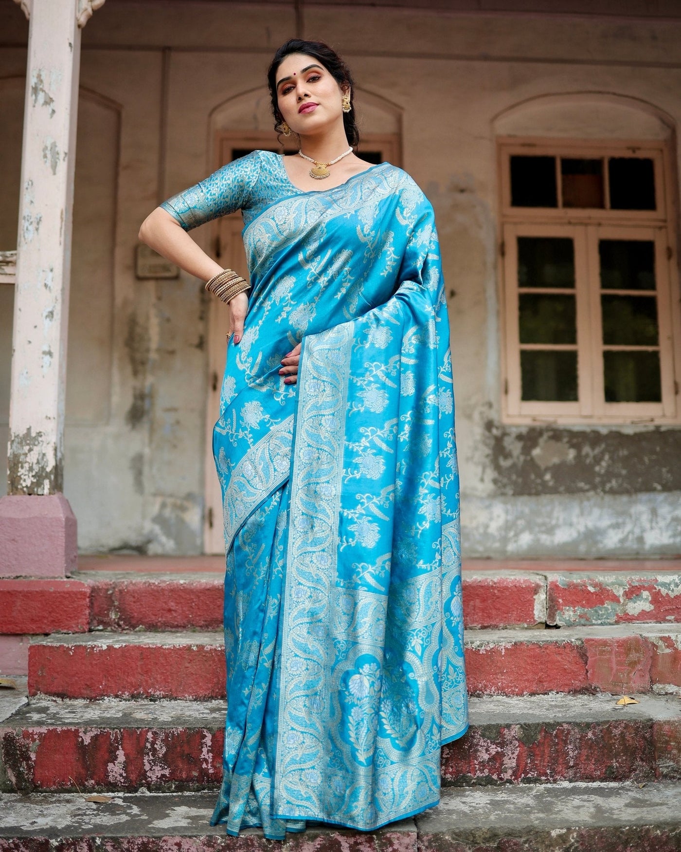 Pure Banarasi Silk Saree Weaved With Zari Comes With Heavy Banarasi Brocade Blouse - Almaari Fashion