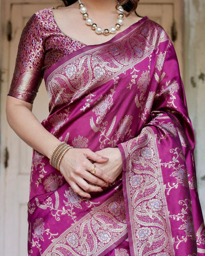 Pure Banarasi Silk Saree Weaved With Zari Comes With Heavy Banarasi Brocade Blouse - Almaari Fashion